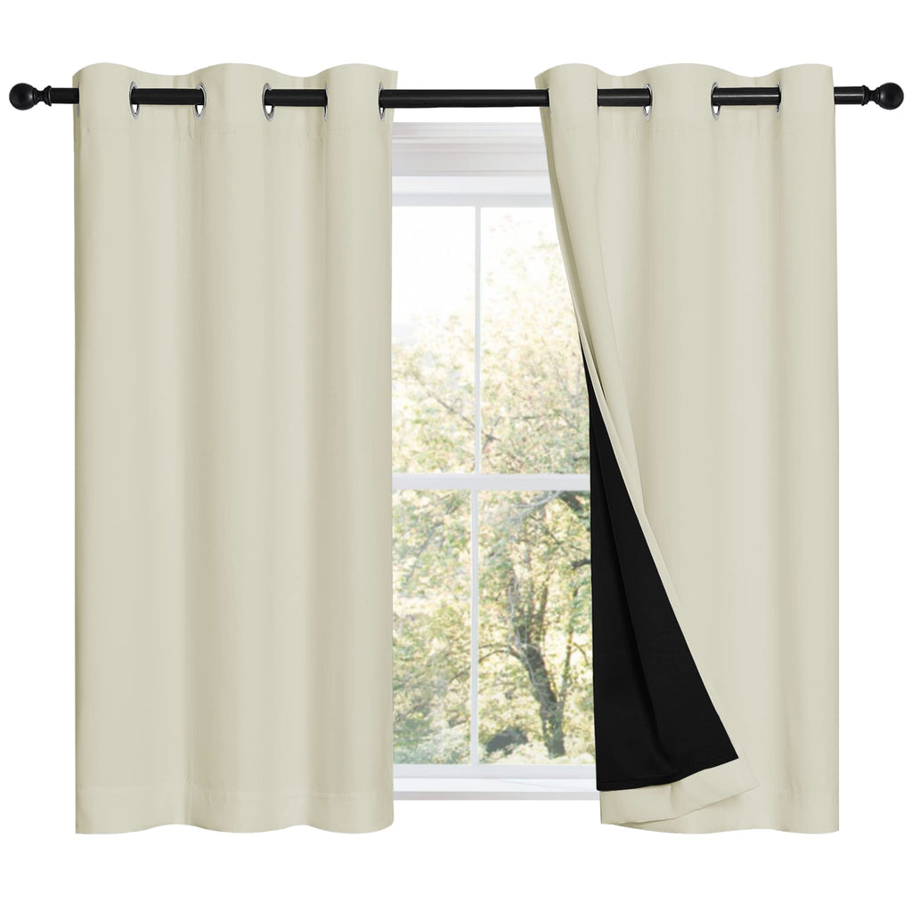 NICETOWN Cold Reducing Curtains, Bedroom Full Blackout Panels, Super Thick Insulated Window Covers, Complete Blackout Draperies with Black Liner for Short Window (Beige, Set of 2, 42 by 45-inch)