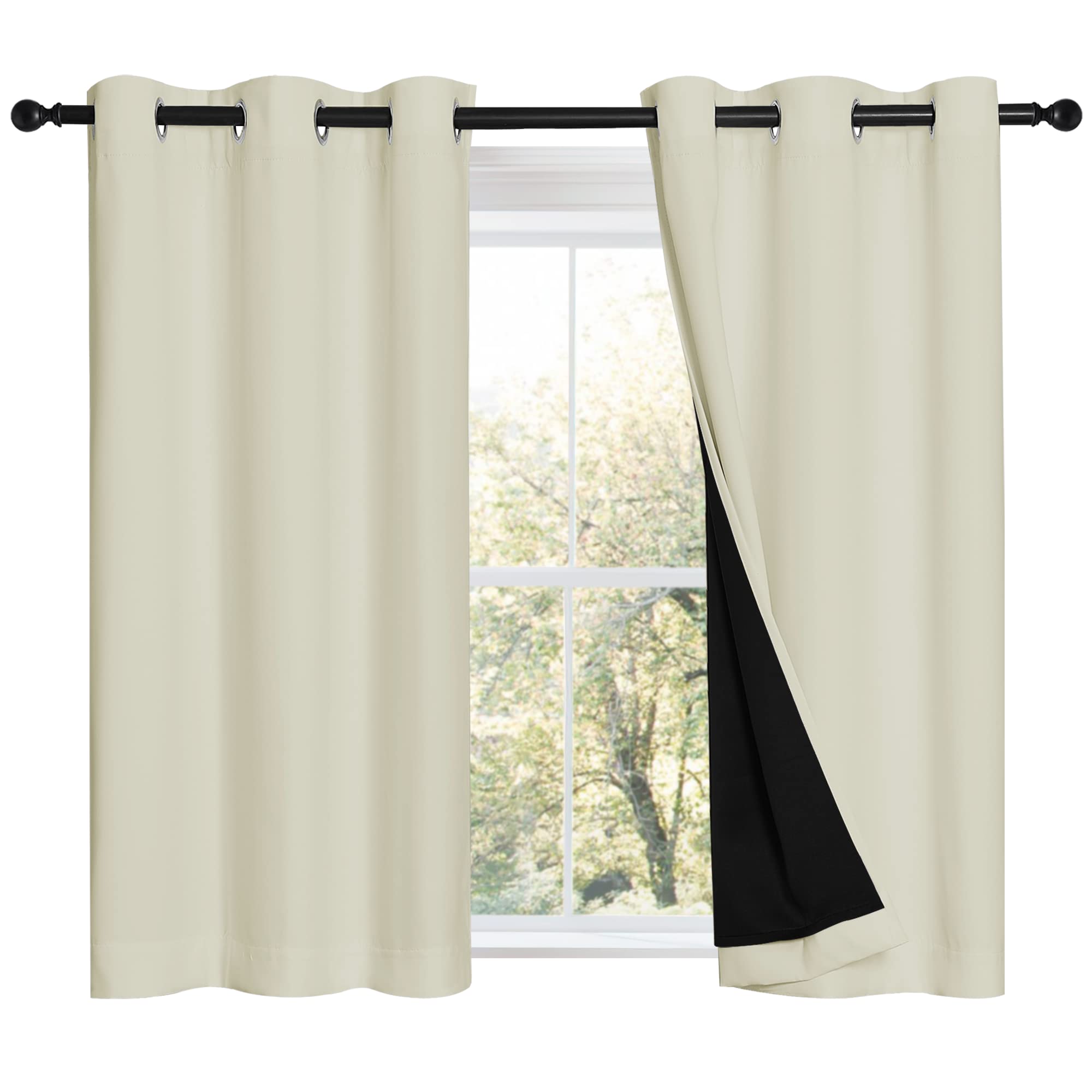 NICETOWN Cold Reducing Curtains, Bedroom Full Blackout Panels, Super Thick Insulated Window Covers, Complete Blackout Draperies with Black Liner for Short Window (Beige, Set of 2, 42 by 45-inch)