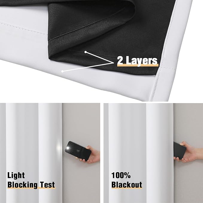 ChrisDowa White 100% Blackout Curtains for Bedroom with Black Liner, 2 Thick Layers Total Blackout Thermal Insulated Grommet Window Curtains 2 Panels Set (Pure White, 42 x 63 Inch)