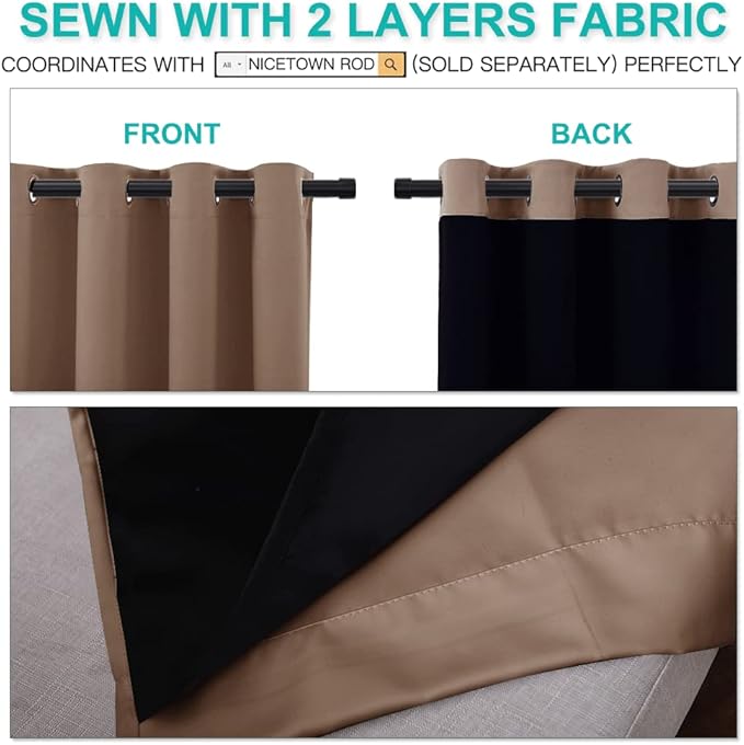 NICETOWN Extra Long Truly Blackout Drapes for Hall and Villa, 100% Blackout Window Curtain Panels with Black Lined for Night Shift Worker, 70-inch Width x 108-inch Length, Cappuccino, 2 Pieces