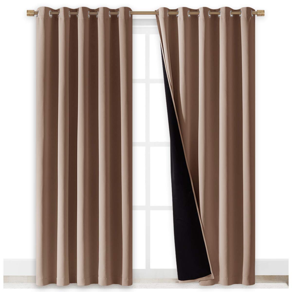 NICETOWN Warm Curtains for Winter, 100% Blackout Curtains Thermal, Noise Reduction and Privacy Curtains for Patio Door, Black Lined Blackout Drapes with Grommets, Cappuccino, 1 Pair, W70 x L84