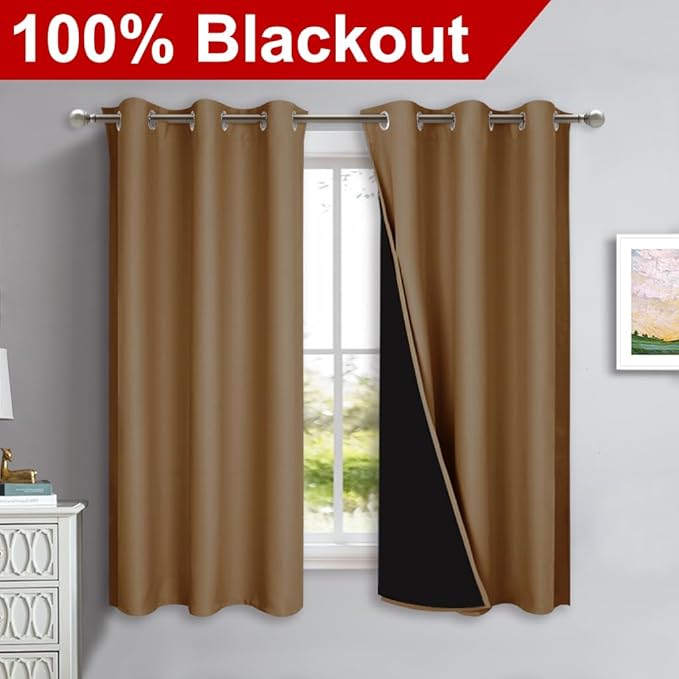 NICETOWN 100% Blackout Short Curtains with Black Liners, 2 Panels, 37" W by 40" L, Gold Brown, Solid Thermal Insulated Full Blackout 2-Layer Lined Drapes, Energy Efficiency Window Drapes for Bedroom