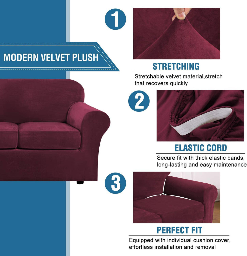 H.VERSAILTEX Real Velvet Plush 3 Piece Stretch Sofa Covers Couch Covers for 2 Cushion Couch Loveseat Covers Width Up to 72 Inch Feature Thick Soft Stay in Place (Medium Sofa, Burgundy)