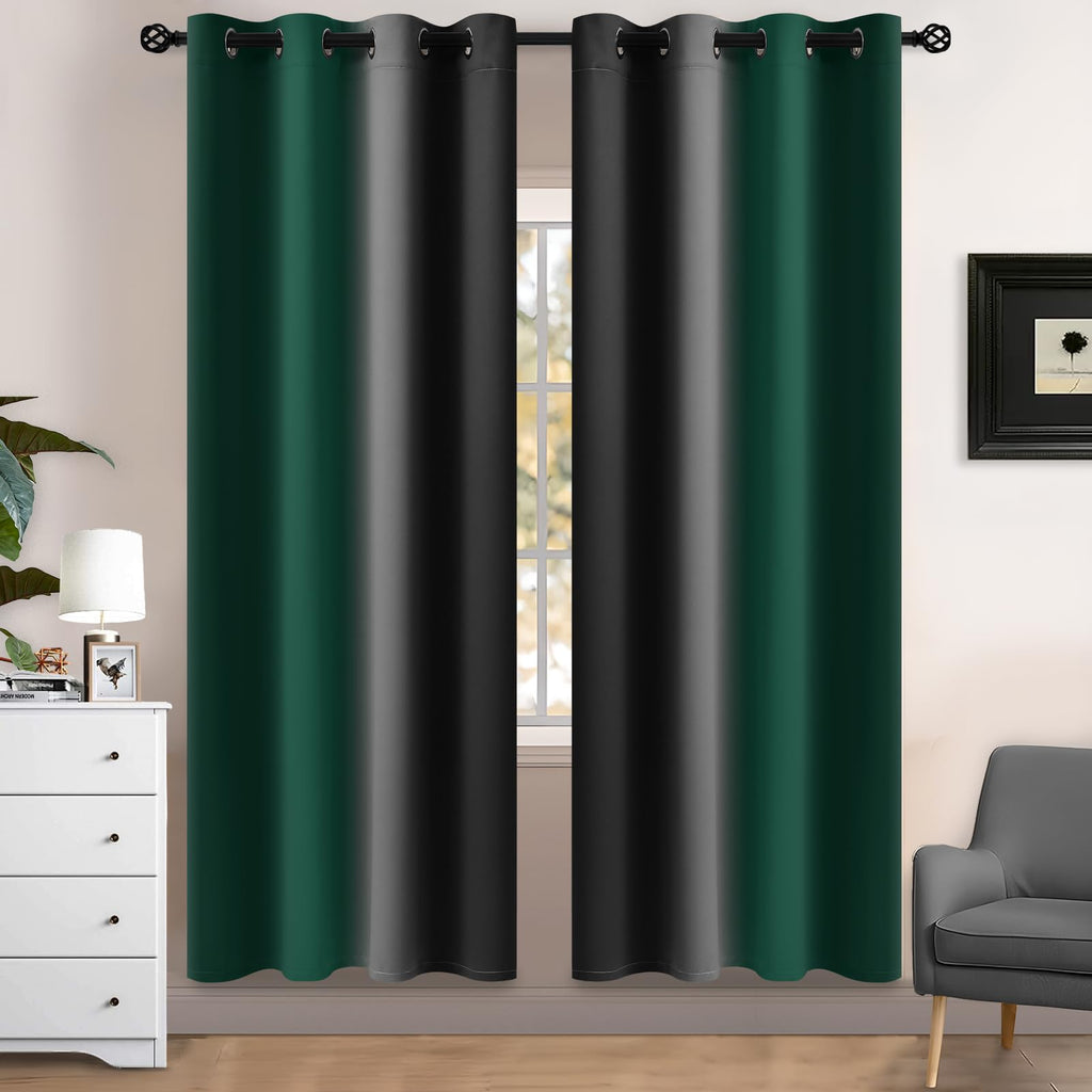 Yakamok Blackout Ombre Dark Green and Black Curtains-Gradient Room Darkening Curtain, Grommet Thermal Insulated Light Blocking Window Drapes Curtain for Living Room Bedroom,52 x 72 Inch,2 Panels