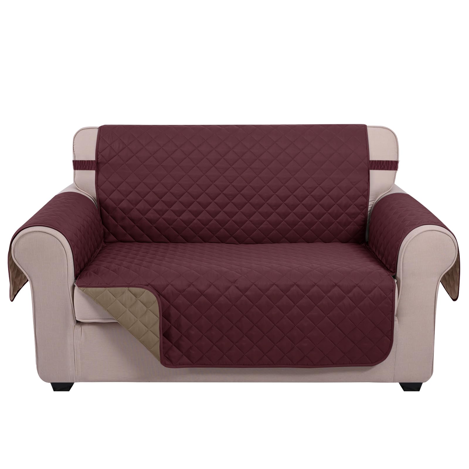 U-NICE HOME Loveseat Sofa Cover for 2 Cushion Couch, Burgundy/Tan