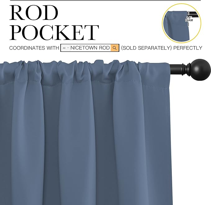 NICETOWN Living Room Curtains, Blackout Curtain Panels, Window Treatment Energy Saving Thermal Insulated Solid Rod Pocket Blackout Drapes/Draperies (Stone Blue, 1 Pair, 70 by 84-inch)