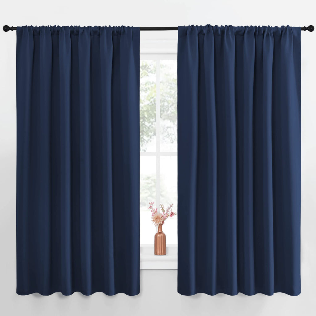 NICETOWN Blackout Curtains for Bedroom, Blackout Draperies, Home Decorations Thermal Insulated Solid Rod Pocket Blackout Drapes for Cafe (Navy, One Pair, 70 x 63-inch)