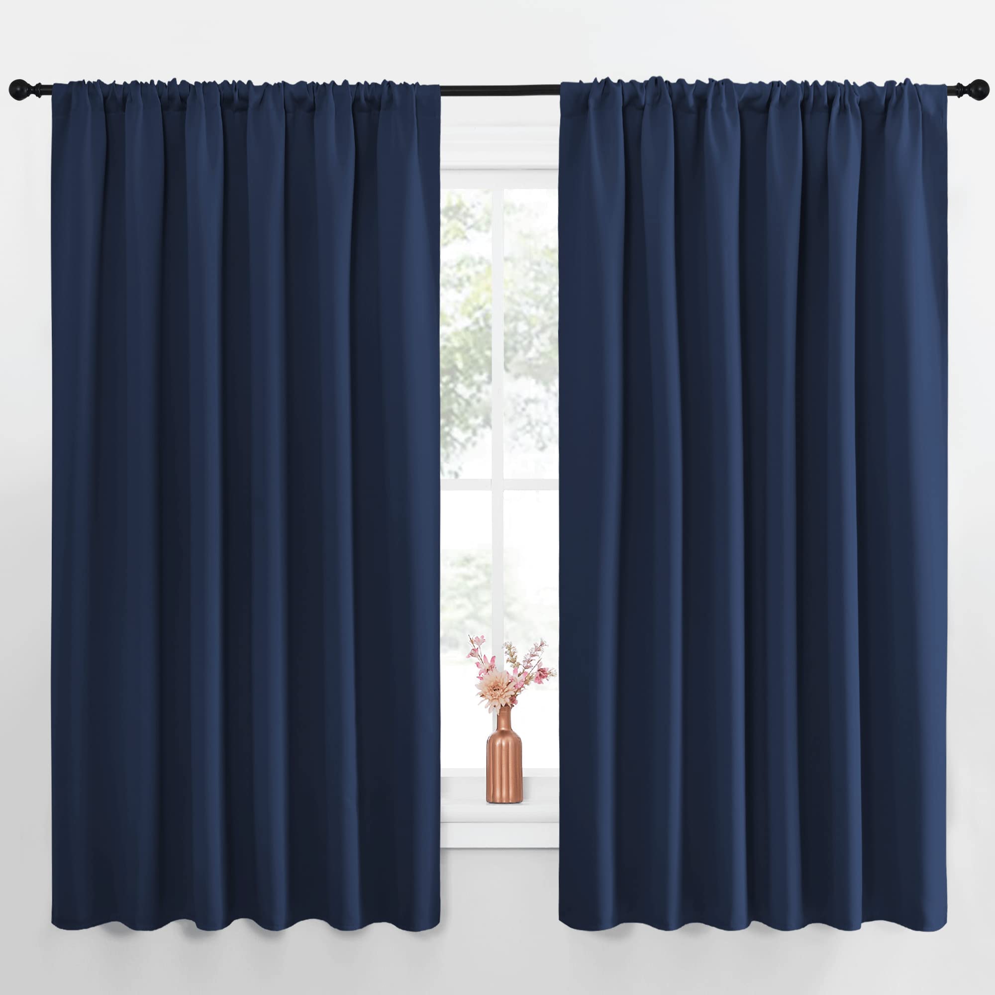 NICETOWN Blackout Curtains for Bedroom, Blackout Draperies, Home Decorations Thermal Insulated Solid Rod Pocket Blackout Drapes for Cafe (Navy, One Pair, 70 x 63-inch)