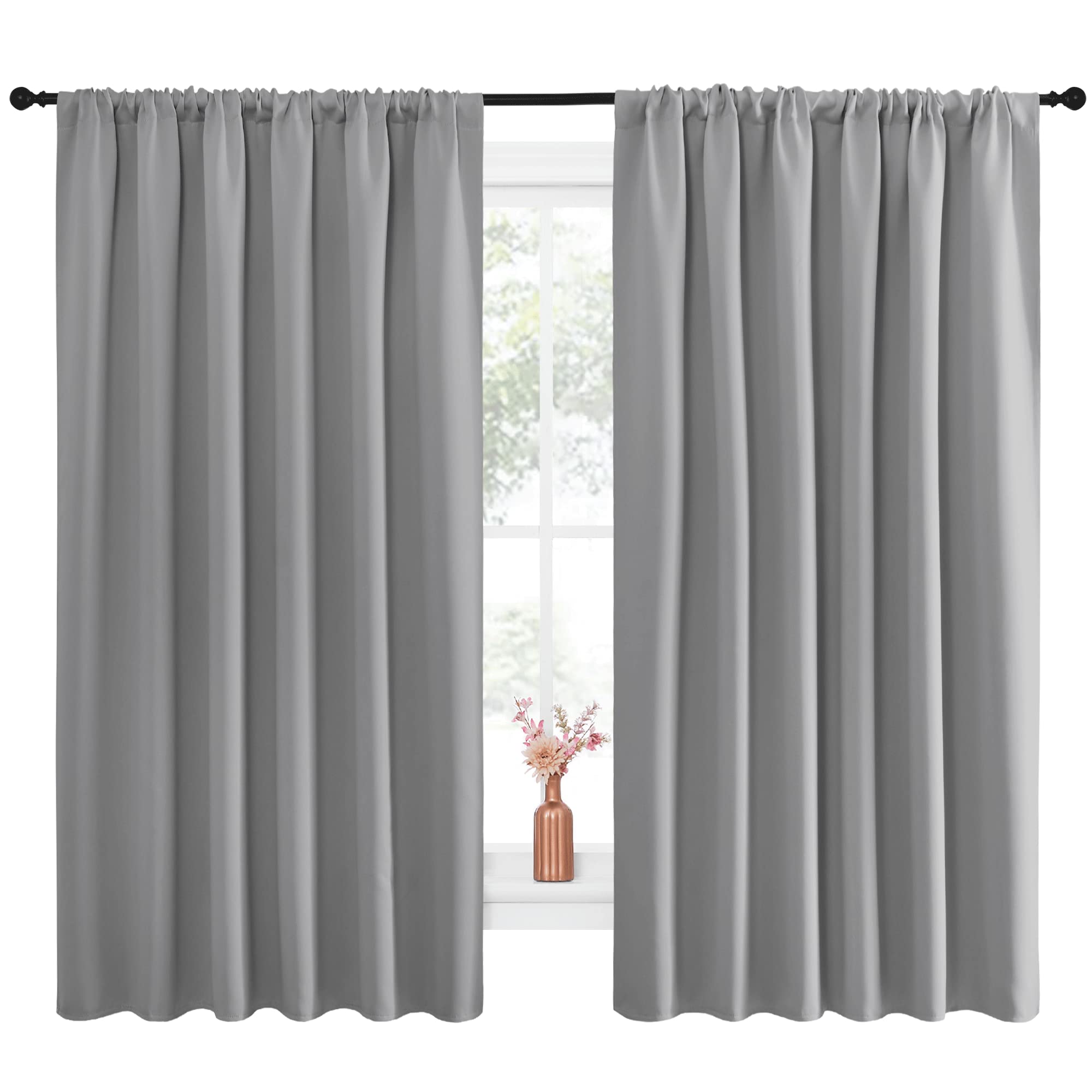 NICETOWN Short Curtains for Small Window - Thermal Insulated Rod Pocket Blackout Drapes/Draperies for Dining Room (2 Panels, W70 x L63 inches, Silver Grey)