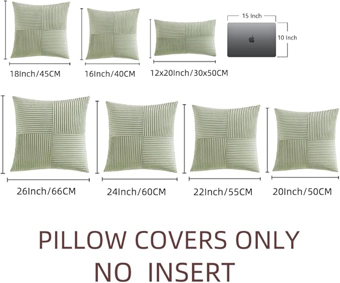 Fancy Homi 2 Packs Sage Green Euro Decorative Throw Pillow Covers 28x28 Inch for Bedroom Couch Bed, Farmhouse Boho Home Decor, Soft Corss Corduroy Patchwork Textured Square Cushion Case 71x71 cm
