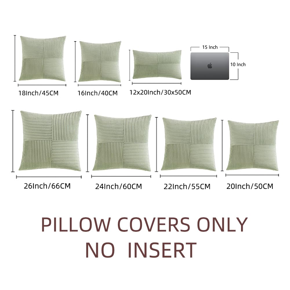 Fancy Homi 2 Packs Sage Green Decorative Throw Pillow Covers 16x16 Inch for Living Room Couch Bed, Rustic Farmhouse Boho Home Decor, Soft Corss Patchwork Corduroy Textured Square Cushion Case 40x40 cm