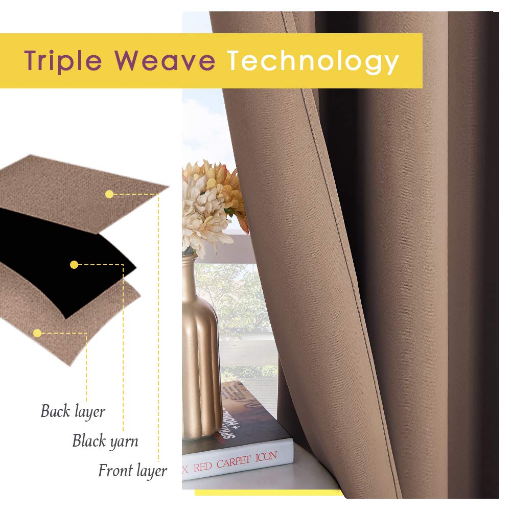 NICETOWN Kitchen Blackout Curtains and Drapes, 1 Pair, 34 inches by 70 Inch, Cappuccino, Triple Weave Energy Saving Thermal Insulated Solid Grommet Blackout Panels for Patio