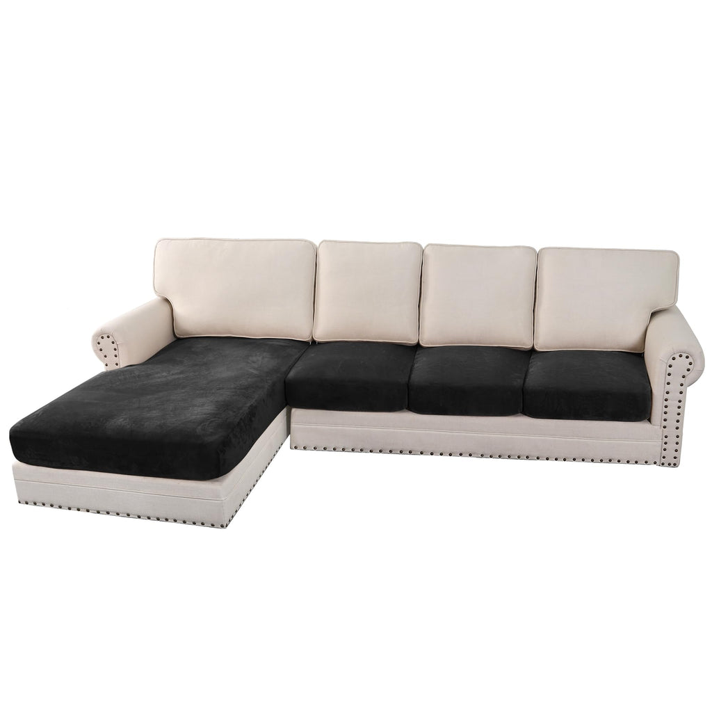 H.VERSAILTEX Velvet Stretch Sectional Couch Covers 4 Pieces Sofa Seat Cushion Covers L Shape Separate Cushion Couch Chaise Cover for Both Left/Right Couch (Large Sofa 3 Seater + 1 Chaise, Black)