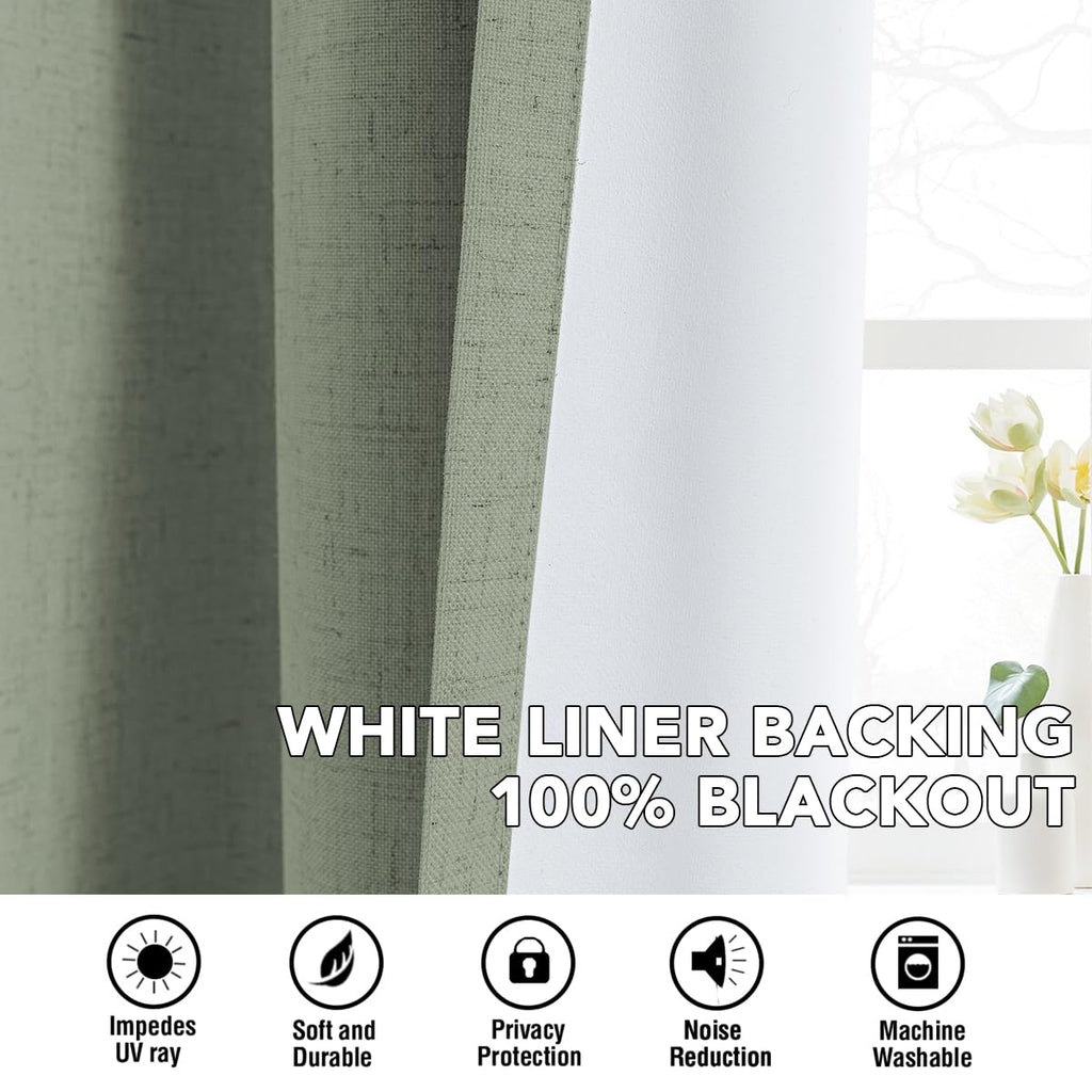 H.VERSAILTEX Linen Curtains 100% Blackout Curtains for Bedroom 102 inch Long Full Light Blocking Nature Linen Blended Window Curtains for Living Room Nickel Grommet (2 Panels, Heathered Dried Sage)