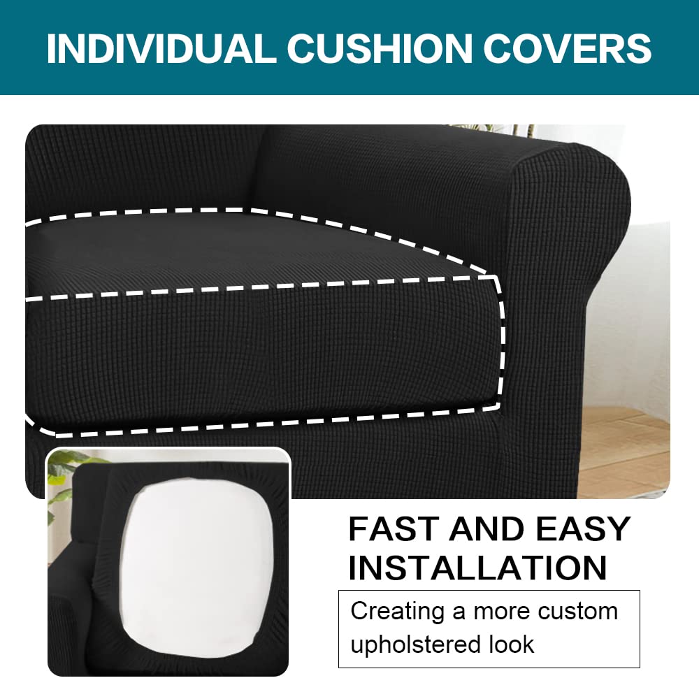Turquoize 2 Piece Chair Covers Chair Slipcovers for Living Room Armchair Couch Cover Chair Sofa Cover with Individual Cushion Covers Furniture Cover for Chairs Feature Jacquard Fabric (Chair, Black)