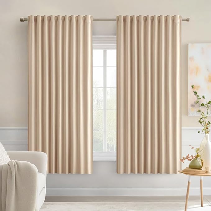 MIULEE Beige Back Tab Blackout Curtains 63 Inch Length 2 Panels Set for Living Room Bedroom Privacy, Rod Pocket/Pinch Pleat Thermal Insulated Room Darkening Pleated Light Blocking Drapes