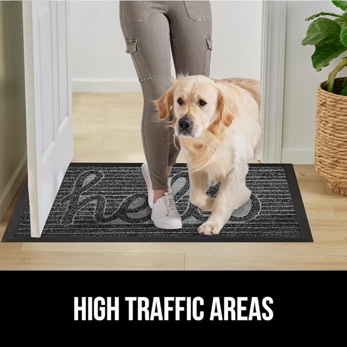 GORILLA GRIP 100% Waterproof All-Season WeatherMAX Doormat, 47x35, US Designed Natural Rubber, Stain and Fade Resistant, Low Profile Indoor Outdoor Door Mats, Easy Clean Patio Mat, Charcoal Hello