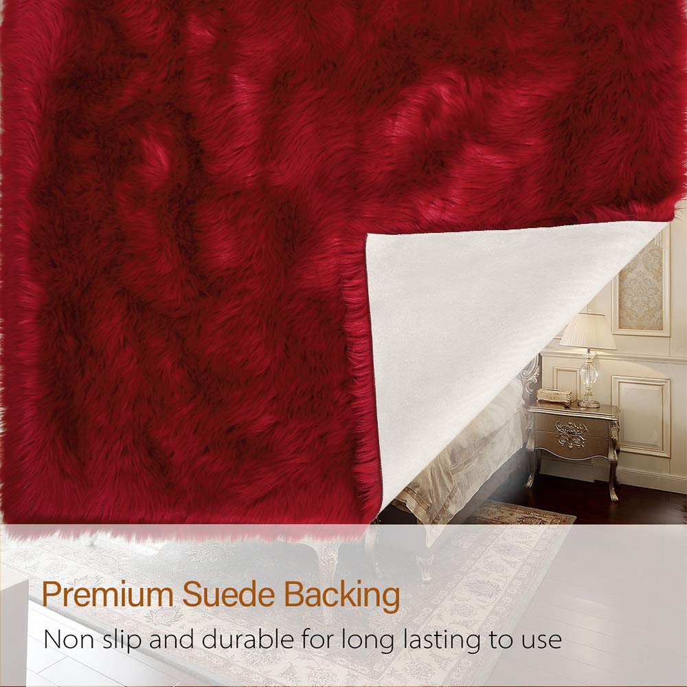 LOCHAS Soft Fluffy Faux Fur Rugs for Bedroom Bedside Rug 2x4 Feet, Red