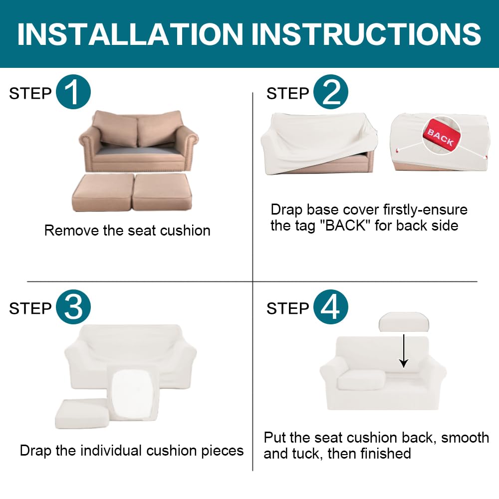 Turquoize 3 Piece Sofa Covers for 2 Cushion Couch Sofa Slipcover Soft Couch Cover for Dogs-Washable Sofa Furniture Cover with 2 Individual Cushion Covers, Jacquard Fabric (Loveseat, Porcelain White)