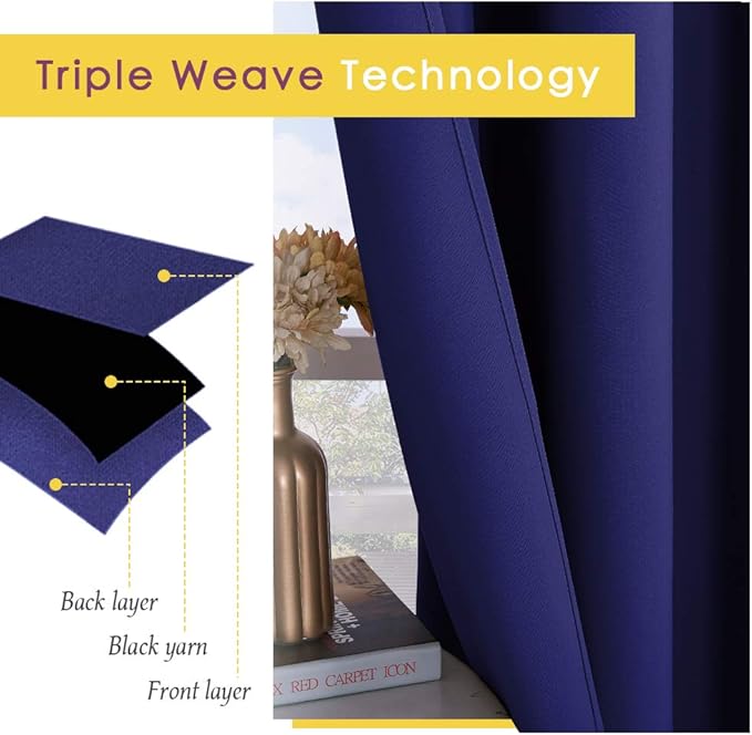 NICETOWN Bedroom Curtains Blackout Drapery Panels, 2 Panels, 70 x 72 inches, Royal Blue, Three Pass Microfiber Thermal Insulated Solid Ring Top Blackout Window Curtains/Drapes
