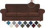 WEERRW 4 Pieces Velvet High Stretch Couch Covers for 3 Cushion Couch Sofa Slipcovers, Washable Furniture Protector with Non Slip Elastic Bottom, Feature Soft and Thick Plush Fabric, Chocolate, Large