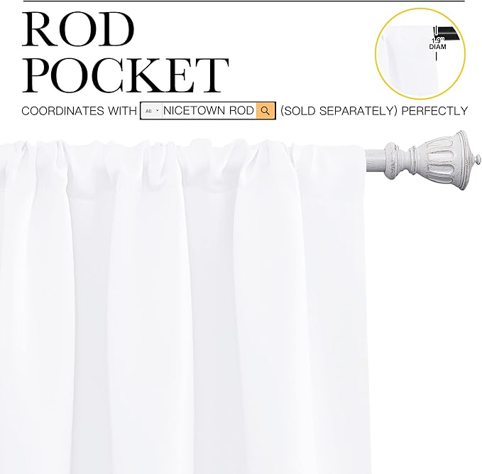 NICETOWN Bedroom Window Curtain Panels - Window Treatment Rod Pocket Drapes for Nursery (White, 2 Panels, 52" by 63")