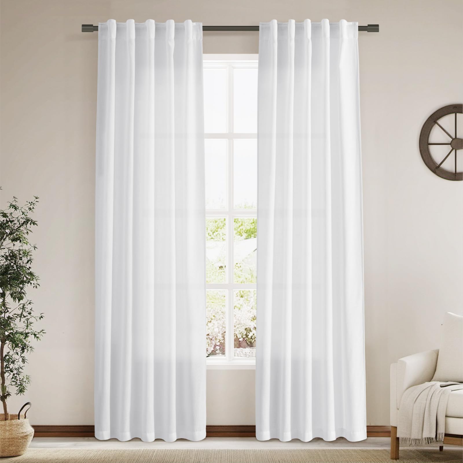 Nanspring White Linen Curtains 84 Inch Length 2 Panels Set for Living Room Back Tab Light Filtering Semi Sheer Curtain for Bedroom Farmhouse Drapes, 40x84 Inch, 2 Panels
