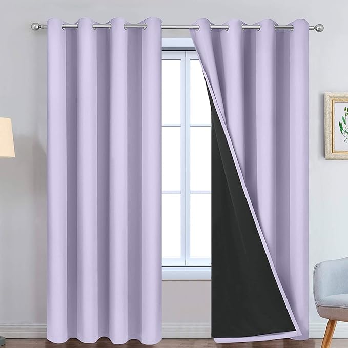 Yakamok 2 Thick Layers 100% Completely Blackout Window Curtains,Thermal Insulated Noise Reducing Drapes for Girl's Bedroom(52Wx90L, Lilac, 2 Panels)