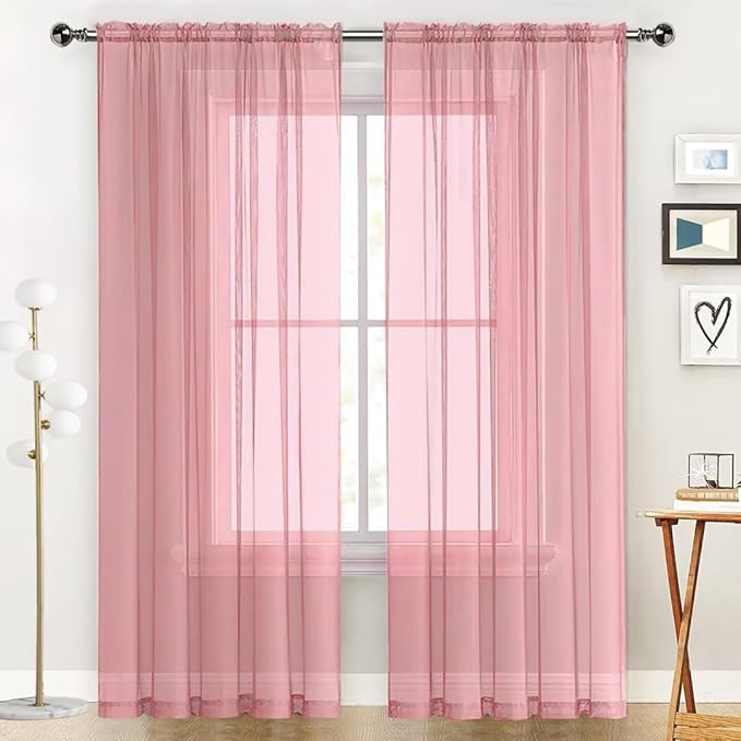 SpaceDresser Sheer Voile Window Treatment Rod Pocket Curtain Panels for Kitchen Bedroom Living Room Drapes Sunlight Filtering Privacy Semi Home Decor Assorted Colors Sizes (Blush, 52 W x 108 L)