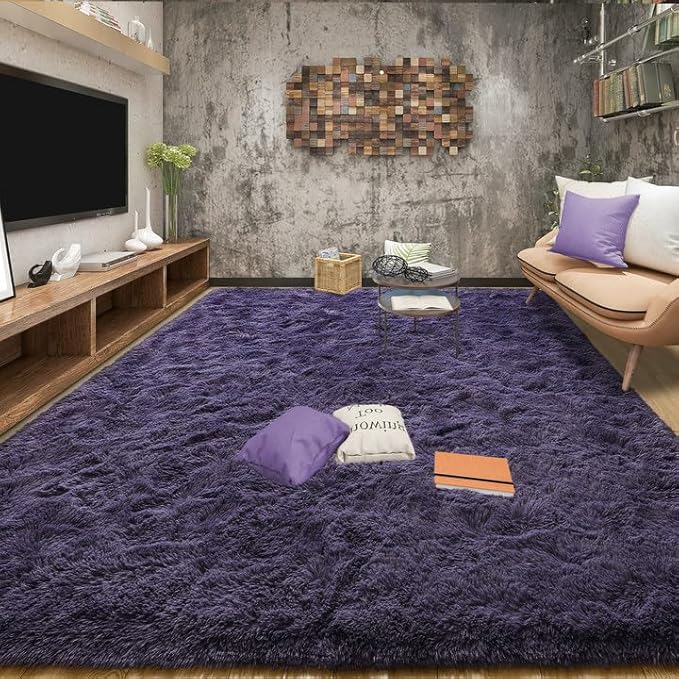 Tepook 4x6 Area Rugs for Living Room, Soft Fluffy Shag Gray Purple Rug for Bedroom Nursery, Modern Shaggy Plush Upgraded Non-Slip Carpet for Girls Boys Kids Room Dorm Home Decor