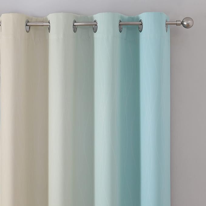 Estelar Textiler Beige and Aqua Ombre Short Blackout Cafe Curtains 36 Inch Length, Thermal Insulated Grommet Small Half Window Drapes for Kitchen/Basement/RV Camper, 52Wx36L, 2 Panels