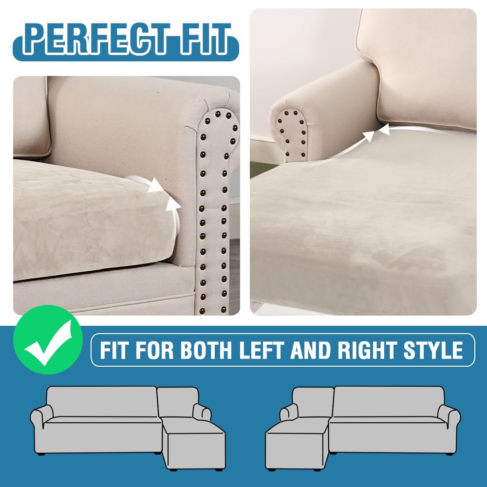 H.VERSAILTEX Velvet Stretch Sectional Couch Covers 3 Pieces Sofa Seat Cushion Covers L Shape Separate Cushion Couch Cover for Both Left/Right Sectional Couch (Large Sofa 2 Seater + 1 Chaise, Ivory)