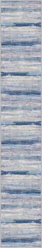 KOZYFLY Modern Abstract Washable Rug Runner 2.6x16 Hallway Rug Runner Non-Slip Soft Kitchen Runner Rugs, Blue/Grey/Beige Striped Carpet for Stair Entryway Bathroom Laundry Room Foyer
