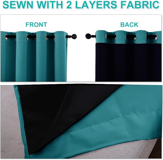 NICETOWN 100% Blackout Short Curtains with Black Liners, 2 Panels, 37" W by 60" L, Peacock Teal, Solid Thermal Insulated Full Blackout 2-Layer Lined Drapes, Energy Efficiency Window Drapes for Bedroom