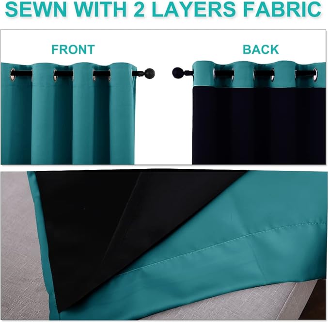 NICETOWN 100% Blackout Curtains 54 inches Long, Double-Deck Completely Blackout Window Treatment Thermal Insulated Lined Drapes for Small Window (Peacock Teal, 1 Pair, 52 inches Width Each Panel)