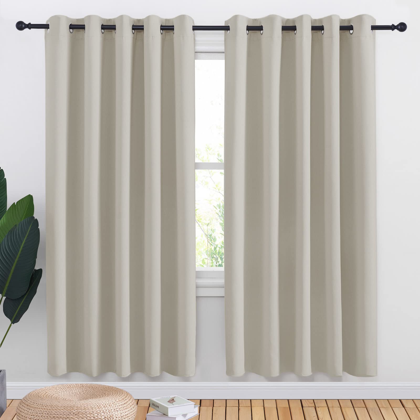 NICETOWN Natural Blackout Draperies Curtains for Kids Room, Window Treatment Thermal Insulated Solid Grommet Blackout Drape Panels for Bedroom (Set of 2, 70 by 72 inches)