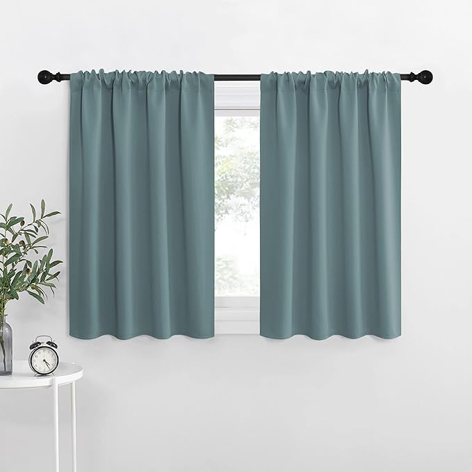 NICETOWN 2 Panels Blackout Curtains, Rod Pocket Thermal Insulated Drapes for Kitchen, Heavy Duty Small Window Treatment for Dorm Room, Studio Apartment, Basement (Greyish Blue, W42 x L30)