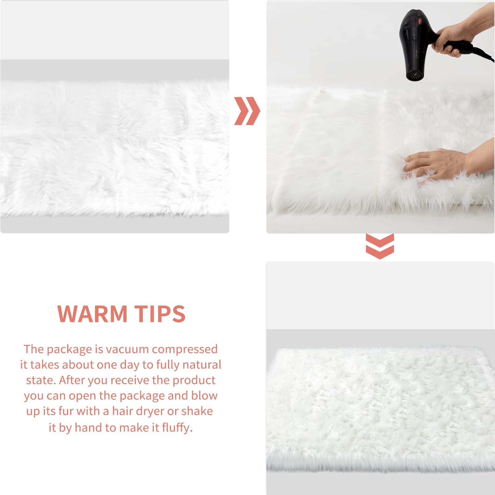 CIICOOL Faux Fur Rug White Fluffy Area Rugs for Bedroom, Thick Fuzzy Shag Rug Furry Bedside Nursery Rug for Living Room Plush Indoor Floor Carpet for Kids Room Teen Dorm, 3x5 ft