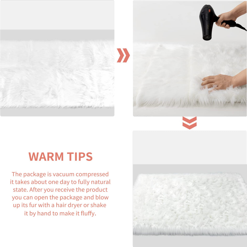 CIICOOL Faux Fur Rug White Fluffy Area Rugs for Bedroom, Thick Fuzzy Shag Rug Furry Bedside Nursery Rug for Living Room Plush Indoor Floor Carpet for Kids Room Teen Dorm, 3x5 ft