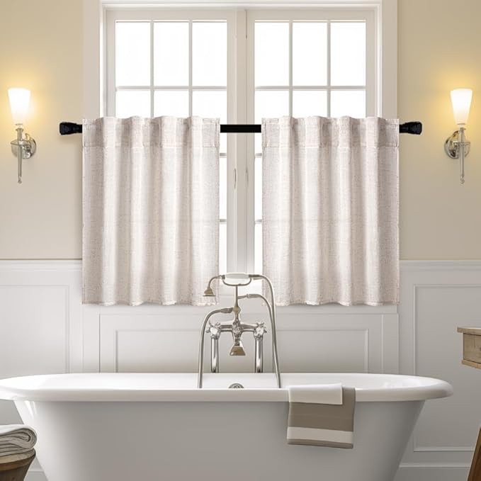 MIULEE Natural Linen White Kitchen Curtain 30 Inch Long 2 Panels Farmhouse