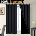 Yakamok 63 Inch Length 100% Blackout Curtains for Bedroom, 2 Thick Layers Thermal Insulated Grommet Total Blackout Drapes with Black Liner for Living Room (52Wx63L,Black, 2 Panels)