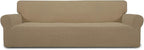 Easy-Going Stretch 4 Seater Sofa Slipcover 1-Piece Sofa Cover Furniture Protector Couch Soft with Elastic Bottom for Kids, Polyester Spandex Jacquard Fabric Small Checks Tan