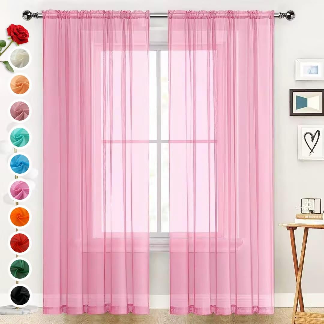 SpaceDresser Basic Rod Pocket Sheer Voile Window Curtain Panels Pink 1 Pair 2 Panels 52 Width 90 Inch Long for Kitchen Bedroom Children Living Room Yard（Pink, 52W x 90L）