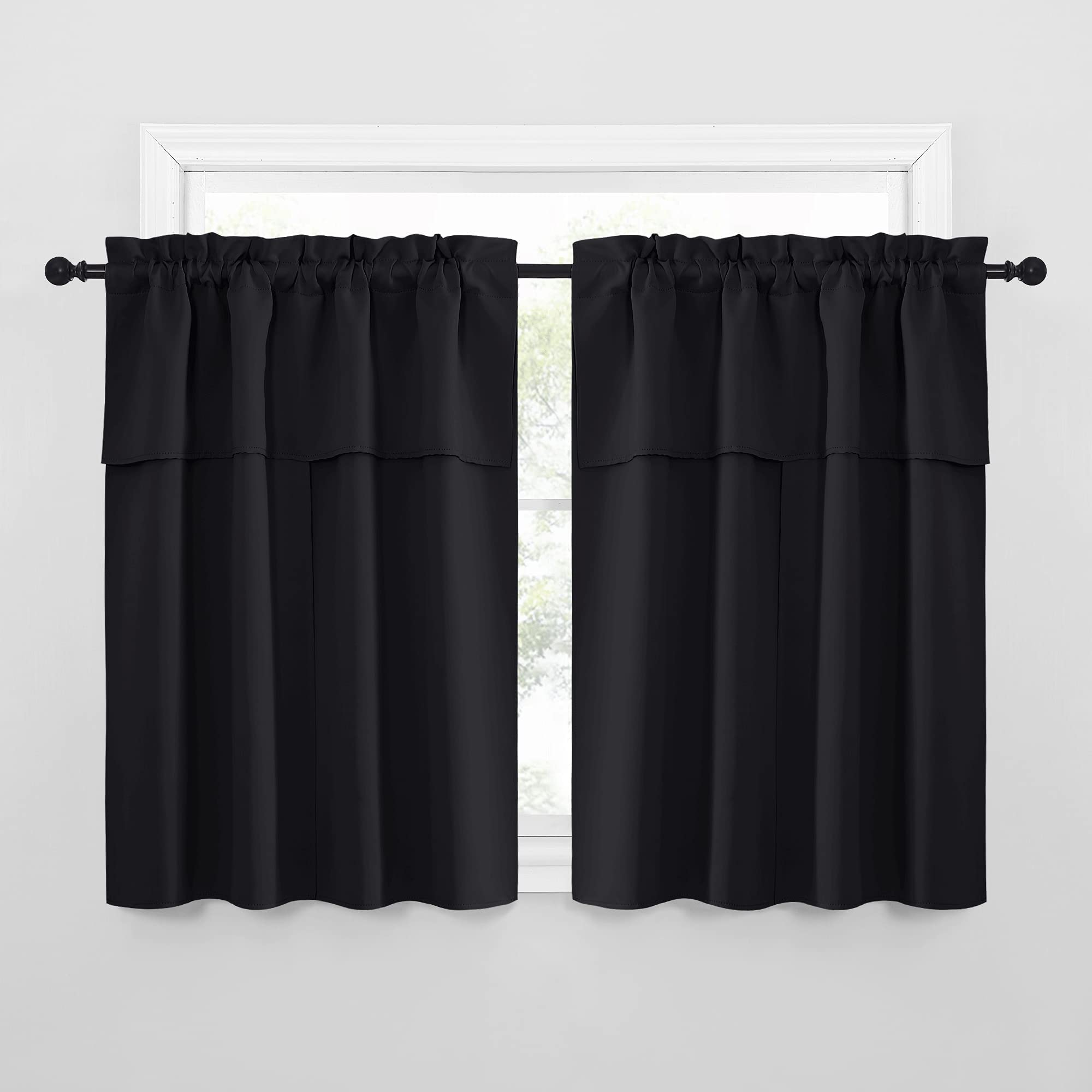 NICETOWN Black Blackout Curtains with Attached Valance, Solid Room Darkening Window Treatment Drapes/Draperies for Bedroom (2 PCs, 52 inches Wide by 45 inches Long)
