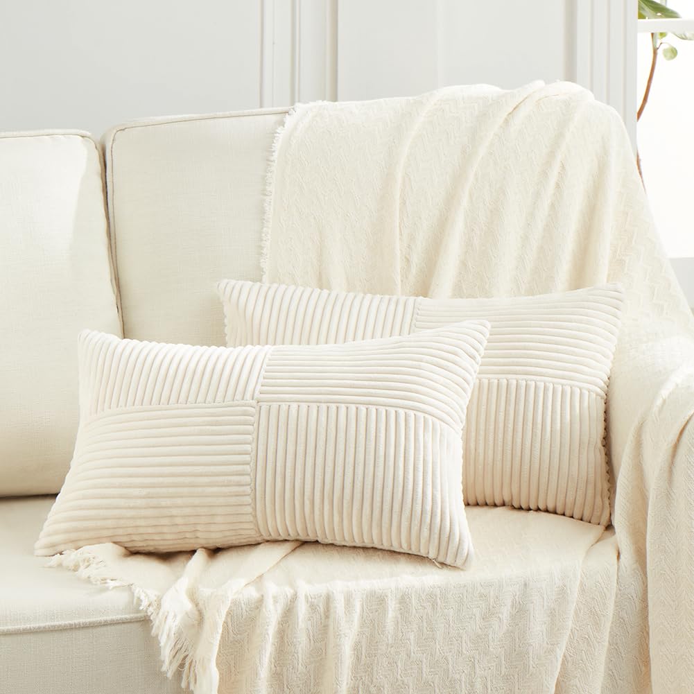 Fancy Homi 2 Packs Navy Blue Lumbar Decorative Throw Pillow Covers 16x32 Inch for Living Room Couch, Rustic Farmhouse Boho Home Decor, Soft Striped Corduroy Rectangle Accent Cushion Case 40x80 cm
