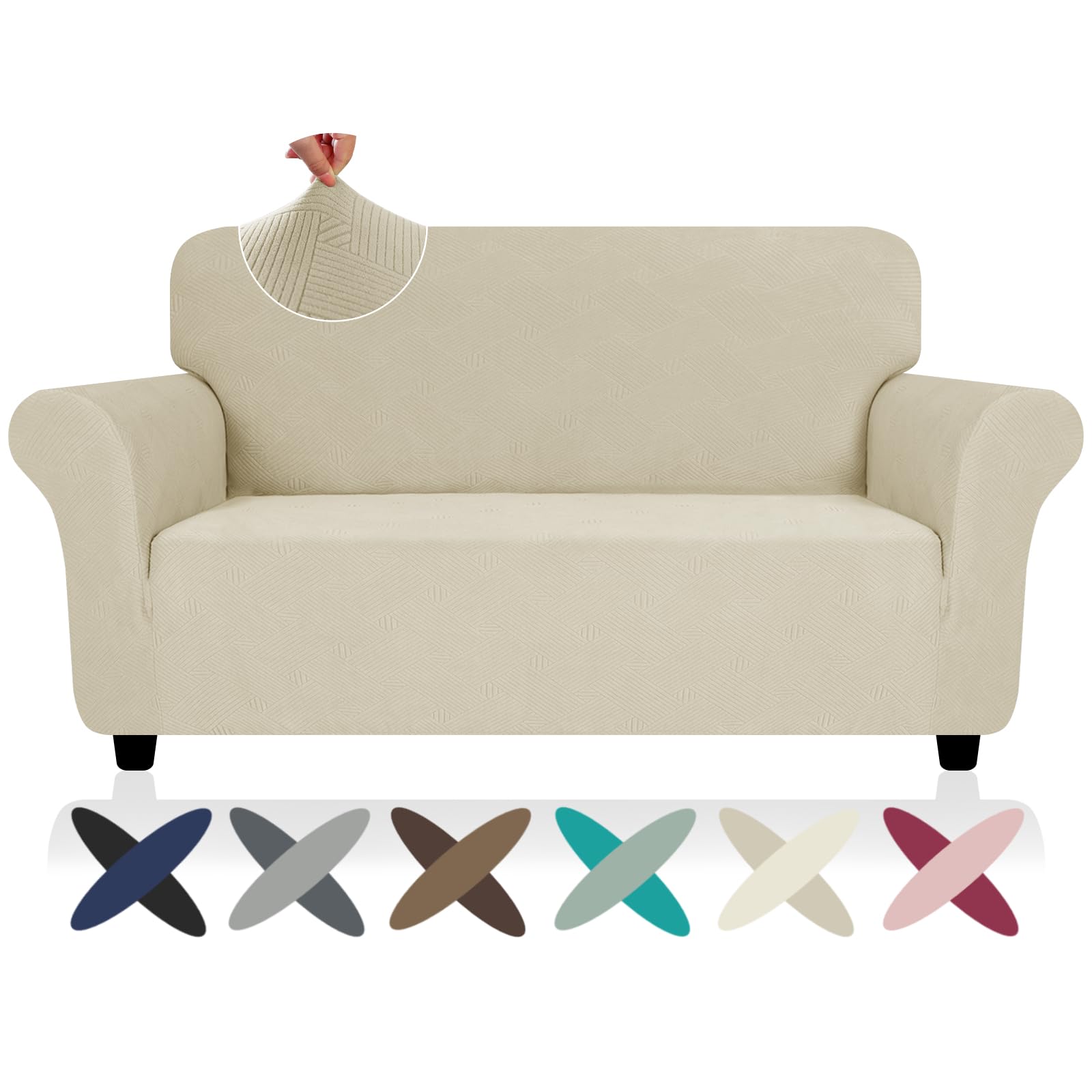 ZNSAYOTX Super Stretch Loveseat Covers (57"-70"), New Striped Love Seat Slipcover, Dogs Pet Friendly Anti-Slip Couch Protector Spandex Durable 2 Seater Fabric Sofa Cover (Khaki, Loveseat)