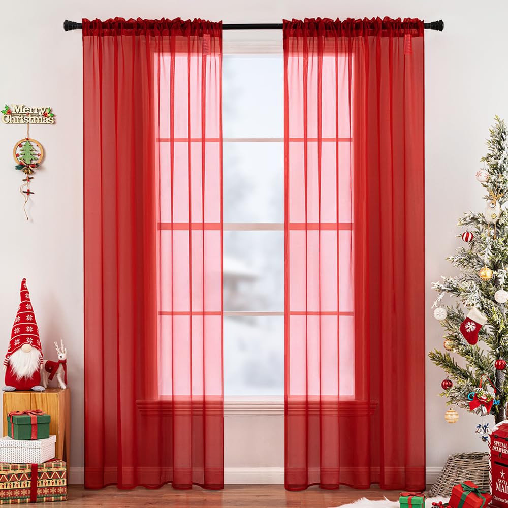 MIULEE 2 Panels Red Sheer Christmas Window Curtains 54 X 45 Inches
