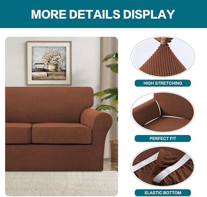 Turquoize 3 Piece Sofa Covers for 2 Cushion Couch Sofa Slipcover Soft Couch Cover for Dogs-Washable Sofa Furniture Covers with 2 Individual Cushion Covers (2 Cushion Sofa, Caramel)