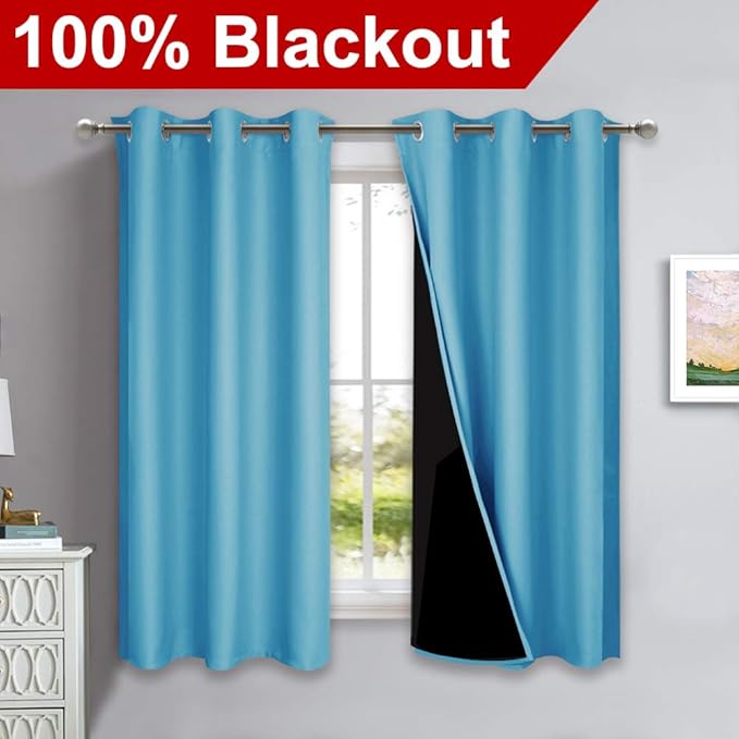 NICETOWN 100% Blackout Curtains 54 inches Long, Teal Blue, 1 Pair, 42 inches Width Each Panel, 2 Thick Layers Completely Blackout Window Treatment Thermal Insulated Lined Drapes for Small Window
