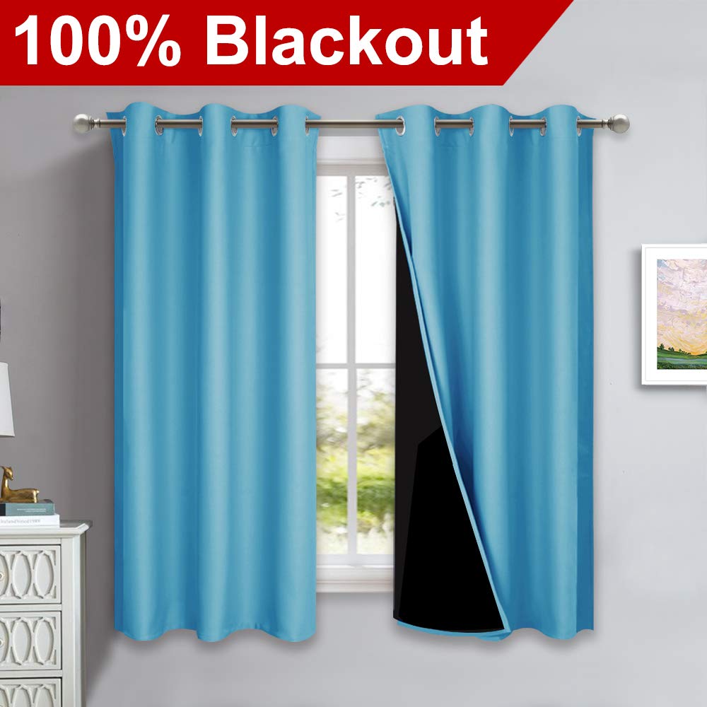 NICETOWN 100% Blackout Curtains 45 inches Long, Teal Blue, 1 Pair, 42 inches Width Each Panel, 2 Thick Layers Completely Blackout Window Treatment Thermal Insulated Lined Drapes for Small Window